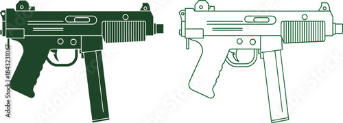 Set of submachine gun vector illustrations featuring solid silhouette and outline style, isolated military automatic weapon for tactical army design projects on white background