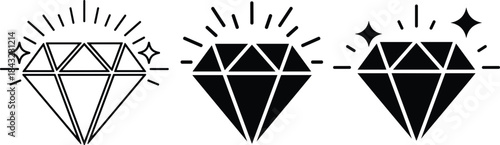 Set of three vector diamond icons representing luxury jewelry, brilliant gemstone value and premium quality for fashion design