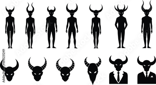 Horned humanoid silhouette collection in varied poses and styles, dark demon vector set for mythology, fantasy, character design themes