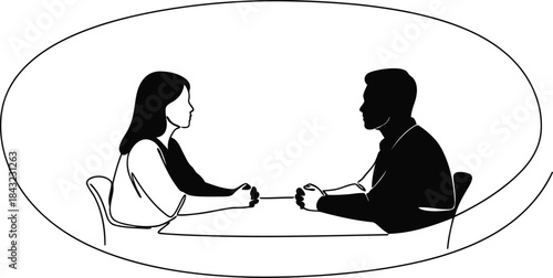 Stylized Silhouette of Two Individuals Engaged in Conversation at a Table - Minimalistic Vector Design for Modern Communication Themes