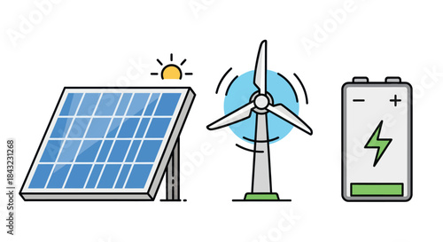Renewable Energy Icons: Solar Panel Wind Turbine and Battery Storage.