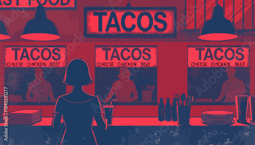 Lively Taco Fast Food Restaurant Silhouette Vector with Vibrant Atmosphere, Representing Mexican Cuisine, Street Food, and Casual Dining