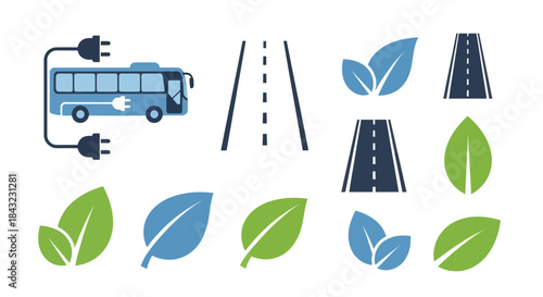 Electric Bus and Road Icons Representing Sustainable Transportation and Green Energy.