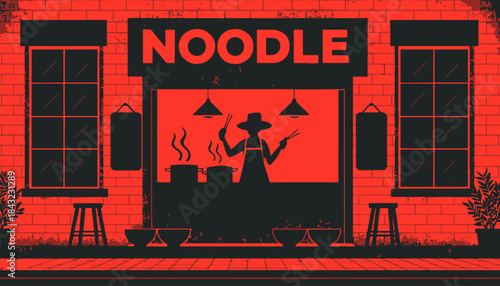 Appetizing Silhouette Vector of a Noodle Fast Food Shop with an Open Sign, Perfect for Illustrating Asian Delicacies, Quick Meals, and Food Businesses