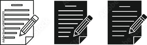 Set of three vector document icons with pencil representing writing notes, editing text, and signing legal contracts for business