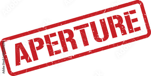 Distressed Red Aperture Rubber Stamp with Textured Frame on White Background