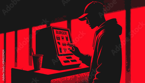 Fast Food Self-Service Kiosk Silhouette Vector Icon - Modern Digital Order Station for Quick Dining