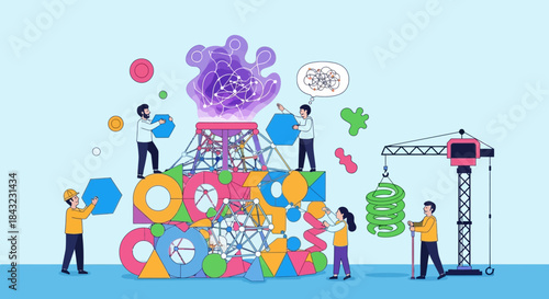 Teamwork Building Complex Structure with Crane and Geometric Shapes.