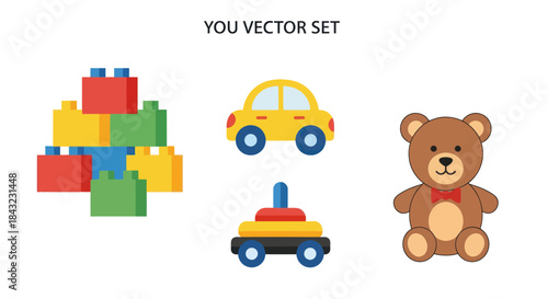 Colorful Toy Blocks Car Toy Truck and Teddy Bear Set.