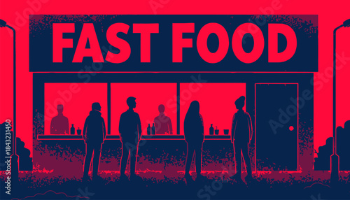 Fast Food Restaurant with Customers Silhouette Vector Icon - Busy Service Area and Order Counter Scene