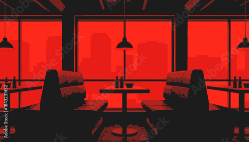 Fast Food Restaurant Seating Area Silhouette Vector Icon - Empty Interior with Tables and Chairs for Dining