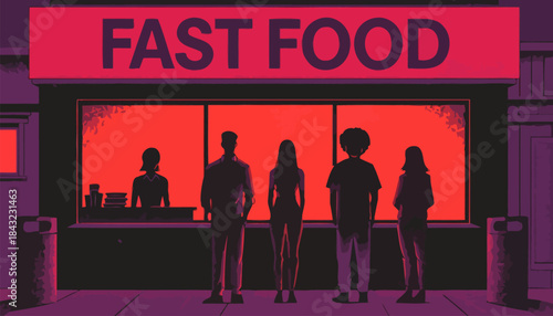 Fast Food Restaurant with Customers Silhouette Vector Icon - Busy Service Area and Order Counter Scene