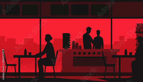 Fast Food Restaurant Interior Dining Area Silhouette Vector Icon - Casual Quick Service Eating Environment