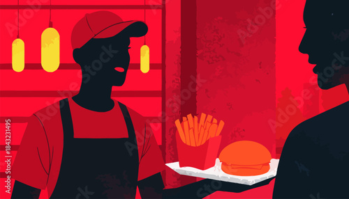 Fast Food Restaurant Worker Serving Meal Silhouette Vector Icon - Employee in Uniform Providing Quick Service