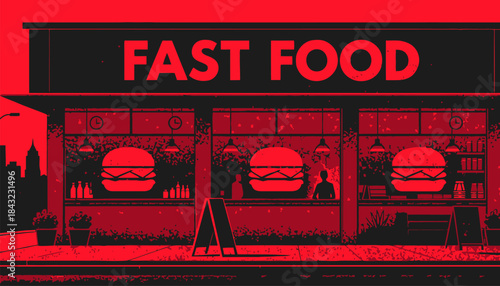 Fast Food Restaurant Exterior Silhouette Vector Icon - Modern Building Facade and Drive-Thru Design