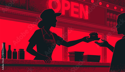 Fast Food Restaurant Worker Serving Meal Silhouette Vector Icon - Employee in Uniform Providing Quick Service