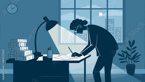Flat Vector Silhouette of an Accountant Working Late at the Office, Dedicated to Meeting Important Deadlines.