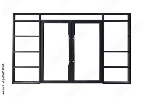 Black metal entrance door frame isolated.