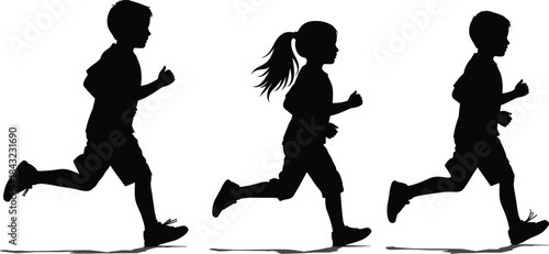 Running children silhouette vector illustration of active kids in motion, childhood activity, outdoor play, youth energy, fitness and fun concept