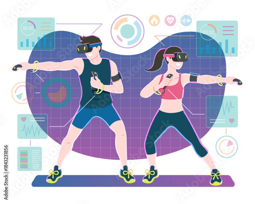 Fitness couple with VR gadgets playing virtual sports showing health tracking vector illustration

