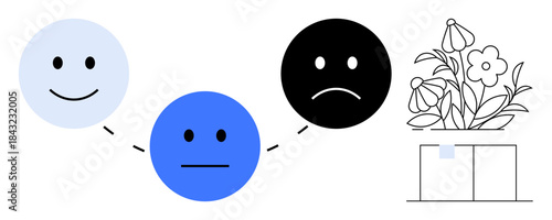 Emotional awareness, mental health, psychology, personal growth, feedback, decision making. Happy, neutral and sad faces connected by lines next to a flower pot. Emotional awareness and mental