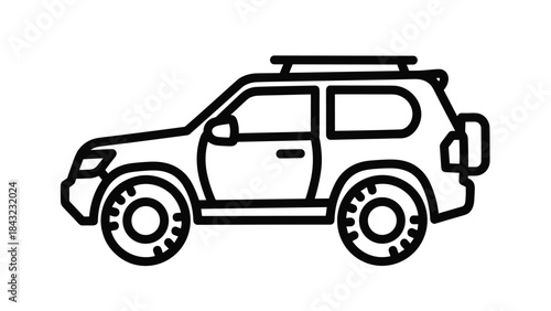 Black line drawing of a simple suv vehicle with roof rack on pure, Generative AI.