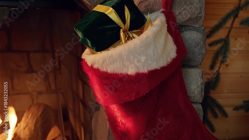 The Christmas stockings by the fireplace are slowly filled with gifts. The flickering firelight reflects the plush texture. The camera zooms in on the details of the ribbons on the gift boxes, in a re