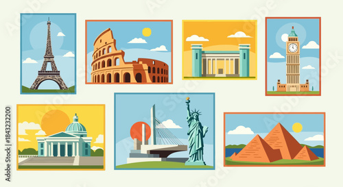 World Landmarks Collection - Eiffel Tower, Colosseum, Big Ben, Pyramids, Statue of Liberty.