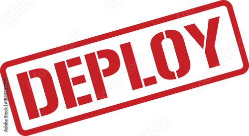 Red Ink Stamp on White Background Deploy Text in Bold, Angled Rectangle Shape