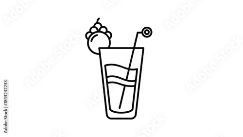A simple line drawing of a cocktail glass with a straw and garnish on a, Generative AI.