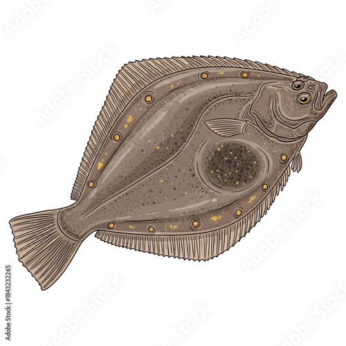 European plaice flatfish halibut flounder illustration with orange spots on its speckled brown skin