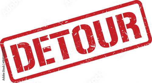 Distressed Red DETOUR Stamp Isolated Illustration of Imperfect Rectangular Signage Against White Background