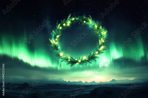 Magical Wreath Under Aurora Borealis Sky, Generative AI.