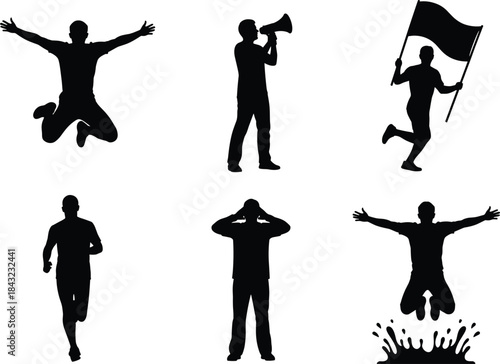 Human silhouette vector set showing dynamic poses of jumping, running, shouting, and emotional gestures for expressive lifestyle illustration design