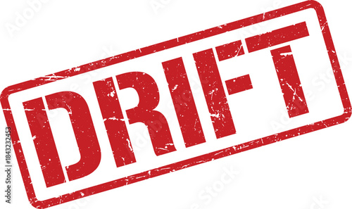 Distressed Red DRIFT Word Stamp with Grunge Texture on White Background, Slightly Tilted