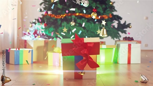 Gift boxes are opened one after another under the Christmas tree, popping out colorful confetti and small Christmas decorations. Slow-motion captures the moment when the confetti flutters, creating a 
