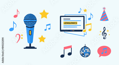Blue Microphone and Musical Notes with Party Elements.