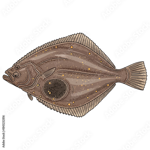 European plaice flatfish halibut flounder illustration with orange spots on its speckled brown skin