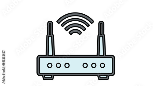 A simple line drawing of a wireless router with wifi signal isolated on white background, Generative AI.