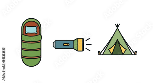 Camping Essentials Icons: Sleeping Bag Flashlight and Tent.