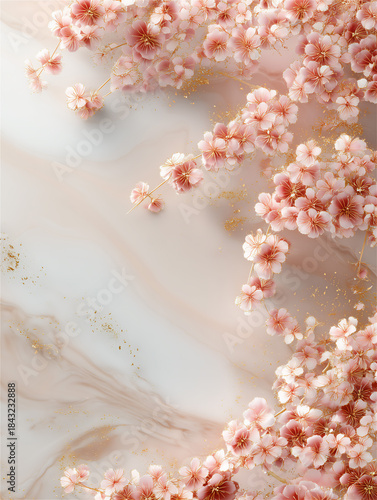 立体的なピンクの花の装飾が片側にある年賀のフレーム背景