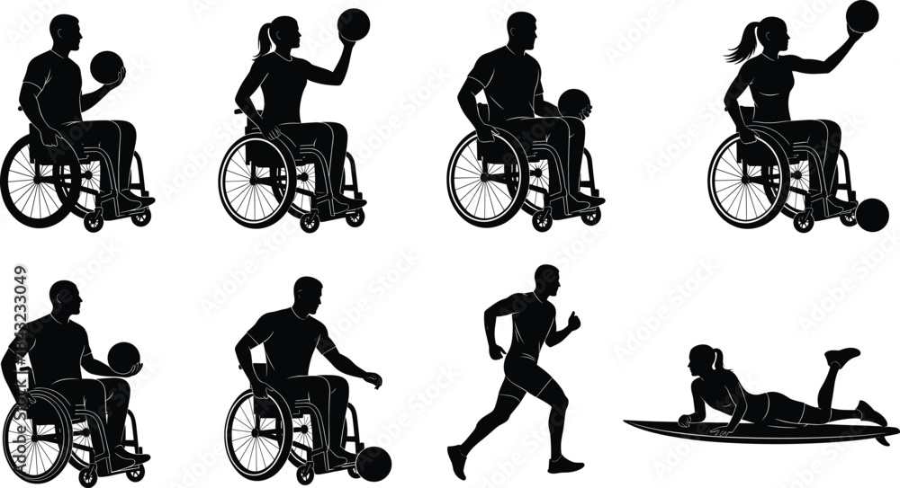 Obraz premium Inclusive athlete silhouette vector collection showcasing adaptive athletes in various sports like wheelchair basketball, sprinting, and surfing for design use