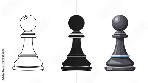 Set of three chess pawn pieces showing outline silhouette and full color variations on a white background