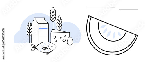 Milk carton, wheat stalks, cheese, egg, fish, and a melon slice combine to represent nutrition and balanced diet. Ideal for nutrition, agriculture, cooking education wellness meal planning