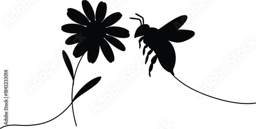 Elegant Silhouette of a Bee Pollinating a Flower - Minimalist Line Art Design for Eco-Friendly Themes