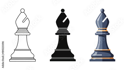 Three different styles of chess bishops displayed side by side outlining game piece for strategy board game battle or competition