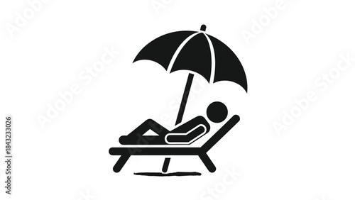 Black silhouette of a person relaxing on a lounge chair under an umbrella isolated on white background for summer vacation concepts, Generative AI.
