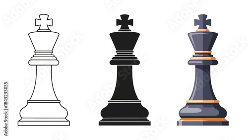 Set of three chess king pieces illustrating outline silhouette and full color variations on a crisp white background