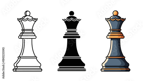 Set of three chess queen pieces displaying outline silhouette and full color versions on a clean white background
