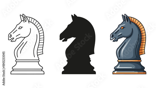 Set of three chess knight pieces showing different styles including outline silhouette and full color on white background